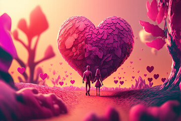 Valentine's Day scene with 3D couple and heart on the background. Surreal landscape with heart-shaped figure in vibrant dreamy colors