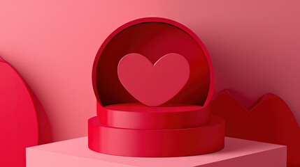 Minimal Valentine's Day 3D design with a pink heart on a red podium