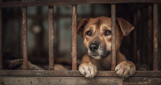 The Dog Behind Rusty Bars Looks Longingly Out of a Dim Shelter Cell