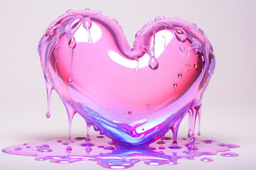 Shiny iridescent chrome heart balloon floating with glossy metallic surface and vibrant pink purple hues in 3D render style