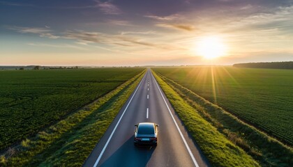 Obraz premium Dark modern sedan car driving alone on a straight empty asphalt road through vast green agricultural fields towards a beautiful sunset