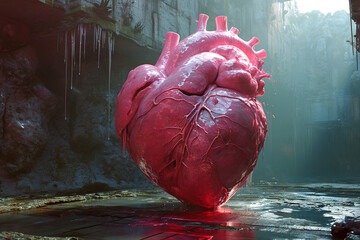 Shiny pink heart splashing into rippling water surface creating dynamic waves droplets on the 3D landscape for Valentines Day