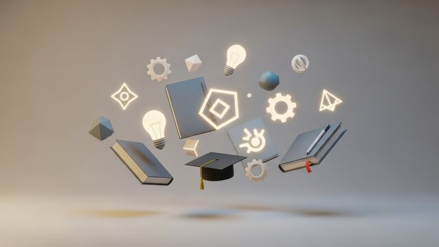 Dynamic 3D Render: Education and Innovation Concept with Floating Books, Graduation Cap, Lightbulbs, Gears, and Digital Symbols. Represents Learning, Knowledge, Technology, Creativ