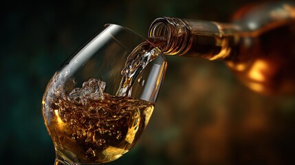 Close up view of white wine splashing into tilted crystal glass from bottle neck in dramatic dark atmosphere