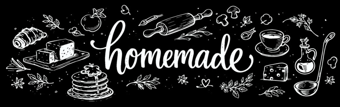 Hand drawn homemade lettering with kitchen and food doodles on black chalkboard background