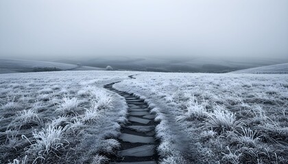 A serene frosty landscape with a winding path through the frozen grass, viewed from a low angle