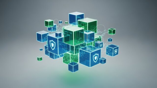 Abstract Cybersecurity Network with Shield Icons. Blockchain Data Protection Concept featuring Interconnected Glowing Digital Cubes and Secure Technology. - Powered by Adobe