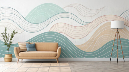 Modern Living Room with Fluid Abstract Wave Mural in Teal and Sand Colors for Relaxing Atmosphere © ahmad hussain
