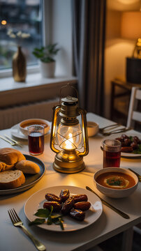Ramadan Ifter Perty Cozy Tea Table Setup. tea, lantern, warm light, home