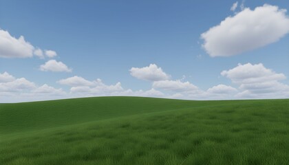 Fototapeta premium Serene landscape with lush green grass and fluffy white clouds viewed from a distance under a clear blue sky