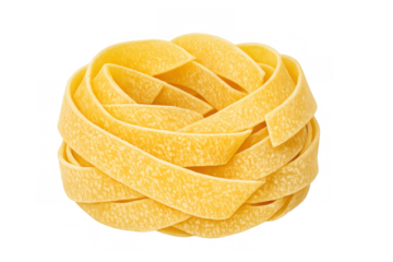 Dry fettuccine pasta nest, raw tagliatelle ready for cooking, typical italian food ingredient, transparent background