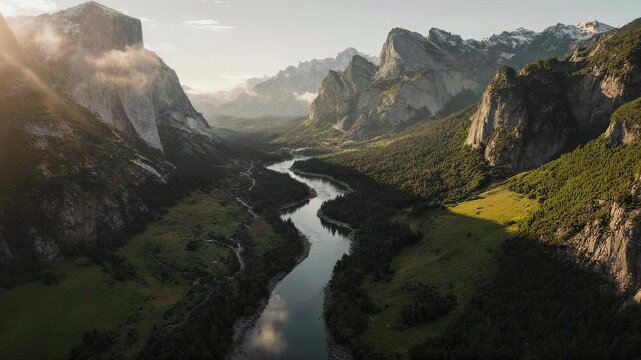 Scenic view of a breathtaking mountain valley featuring towering peaks and a tranquil river meandering through verdant greenery. the natural beauty is enhanced by soft morning light illuminating the l