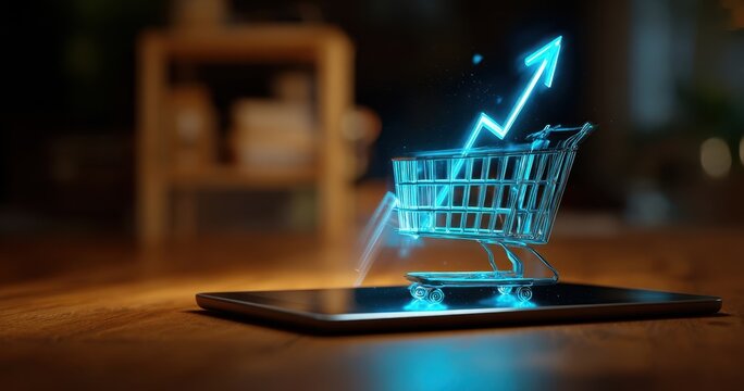 The Shopping Cart Hologram Rising Above a Tablet Symbolizing E-commerce Growth and Sales - Powered by Adobe