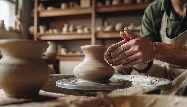Potter's hands covered in wet clay skillfully shaping a vase on a spinning potter's wheel inside a rustic, warm-toned ceramics studio with shelves in the background