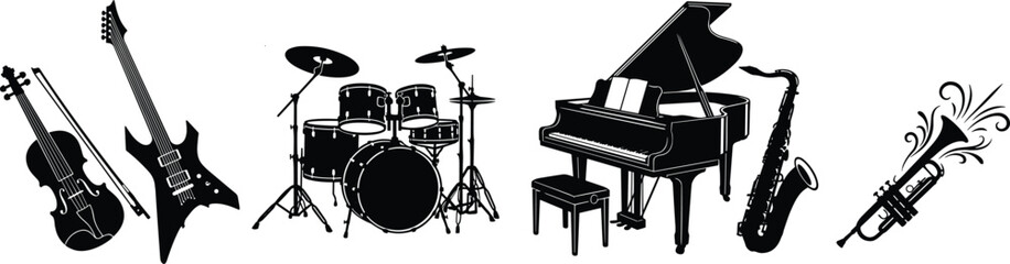 Musical instruments silhouettes collection, violin electric guitar drum set grand piano saxophone and trumpet isolated black vector © MdSobhan