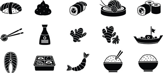 A comprehensive collection of black silhouette icons representing japanese cuisine © Milon Store