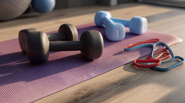 Home Workout Equipment with a set of Dumbbells, Resistance Bands on a Yoga Mat, dumbbells on the gym floor, dumbbells on the gym, dumbbells, dumbbell weights and fitness equipment, dumbbell weights