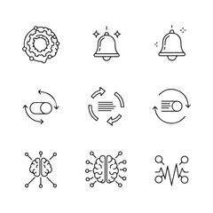 Black line of gears, bells, pills, arrows, brains and ecg