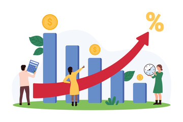 Fototapeta premium Impact of inflation growth on income reduction, stagflation in economy, unemployment and finance crisis. Tiny people study charts of economic recession, profit loss cartoon vector illustration