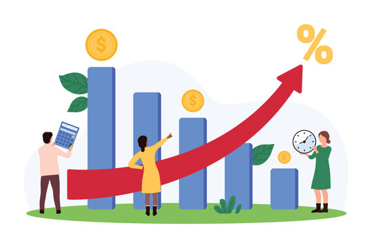 Impact of inflation growth on income reduction, stagflation in economy, unemployment and finance crisis. Tiny people study charts of economic recession, profit loss cartoon vector illustration