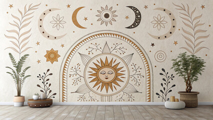 Minimalist living room with a large celestial sun mural and bohemian wall art featuring moon phases and botanical elements in warm beige. © ahmad hussain