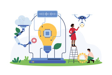 Success of digital project and creative idea, AI assistance in analysis. Tiny people and robot assistant with cloud connection work on study light bulb inside lab equipment cartoon vector illustration
