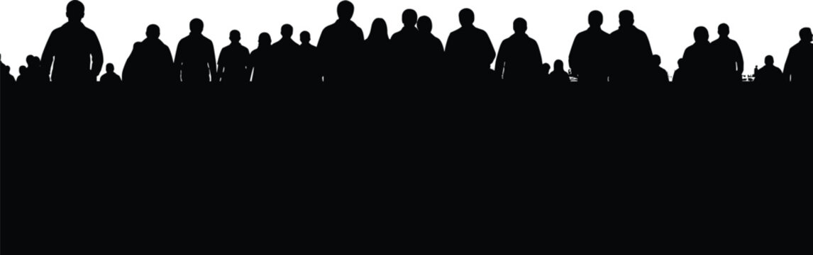 Black silhouette of diverse people standing together in unity, symbolizing social gathering, protest, and public assembly