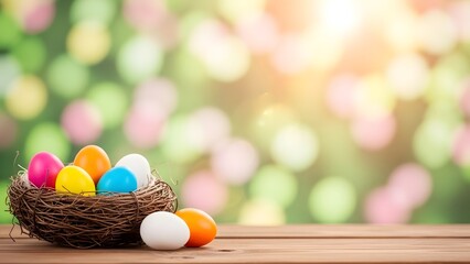 Happy easter eggs in a bird's nest on a wooden table with blurred floral background