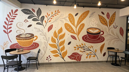 Cozy coffee shop interior featuring a large wall mural with hand-drawn coffee cups, latte art, and autumn leaves in warm earthy tones. © ahmad hussain