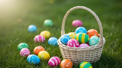 Happy easter eggs in a wicker basket on green grass