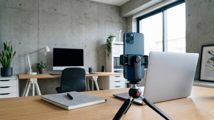 Smartphone on tripod with laptop in modern office. Digital content creation setup for video blogger or social media.