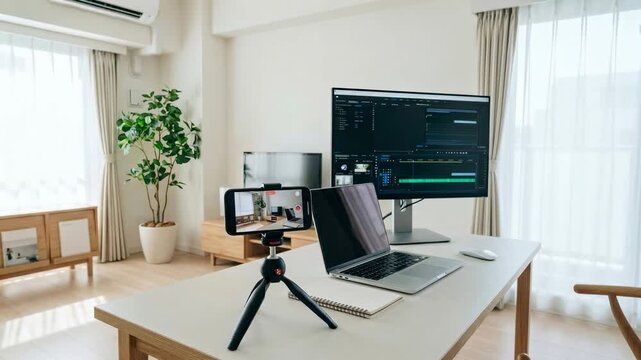 Smartphone on tripod recording a video call, laptop and monitor with editing software on a desk for content creation