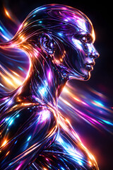 Abstract futuristic humanoid figure composed of flowing neon light, representing technology, innovation, and digital consciousness..