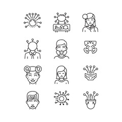 Line of people with digital brains and communication