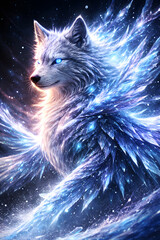 Fantasy wolf formed from icy crystals and glowing blue light, representing cold power, magic, and elemental winter energy.