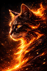 Dramatic fantasy portrait of a cat surrounded by flowing flames, symbolizing power, mystery, and elemental fire energy..