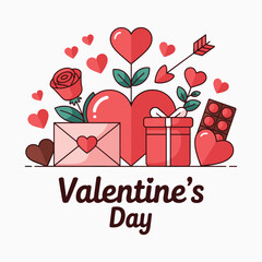 Valentine&rsquo;s Day Illustration with Gift Boxes, Hearts, Flowers and Love Elements Vector