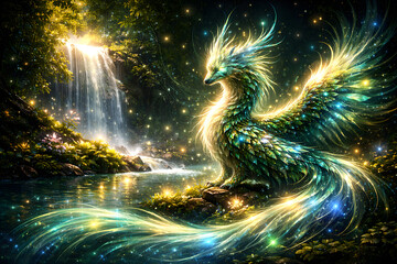 Fantasy spirit beast glowing with emerald light beside a forest waterfall, symbolizing harmony, magic, and nature energy.