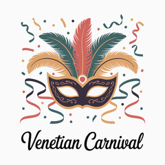 Venetian Carnival Mask Illustration with Feathers and Confetti, Traditional Festival Vector