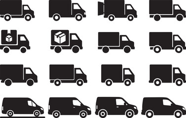 Delivery truck icons set black cargo and van vehicle bundle for logistics transport design
