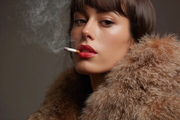 Obraz premium Young caucasian female in fur coat smoking cigarette with red lips and smoky background