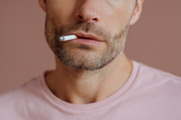 Obraz premium Young caucasian male with beard smoking cigarette in pink shirt against neutral background