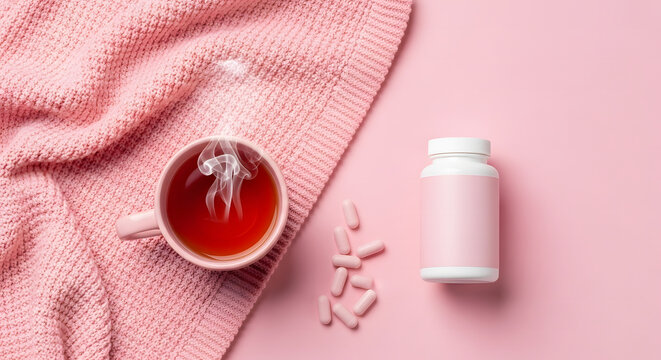 Hot beverage in pink mug, supplement capsules, and blank bottle
