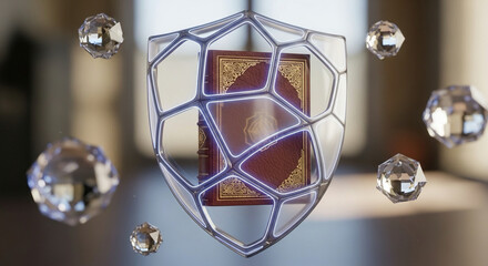 Closed book protected inside a translucent shield, abstract geometric forms.