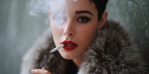 Obraz premium Caucasian young female with short hair smoking in fur coat and red lips