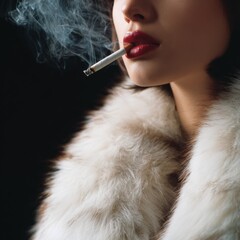 Obraz premium Asian female in fur coat smoking a cigarette in dramatic lighting