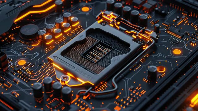 Video A detailed view of a computer motherboard with various components visible