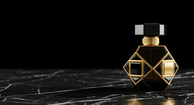 Luxury black and gold geometric perfume bottle on dark marble su
