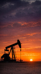 An oil pump jack is outlined against a vibrant sunset. The sky shows bright colors as the sun sets on the horizon. The scene captures the industrial landscape of oil extraction