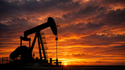 An oil pump stands still against a bright sky during sunset. The sun sets in the background, casting orange and yellow colors. Clouds fill the sky, creating a dramatic scene